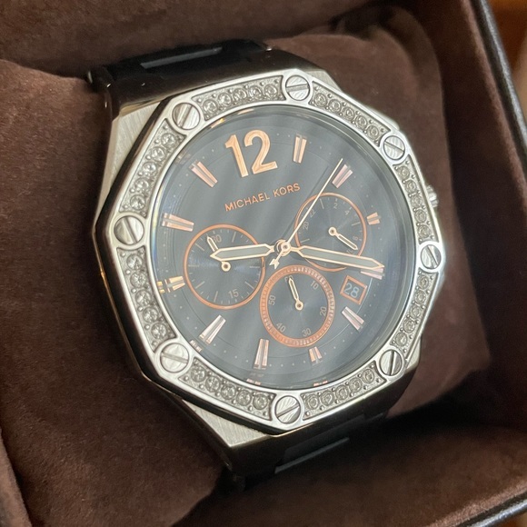 Ladies Michael Kors Watch Black Crystals Bronze Copper Silver Authentic - Picture 1 of 7